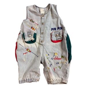 Vintage Pin Pin Kids Denim Overalls 18 Months Embroidered Circuit Design